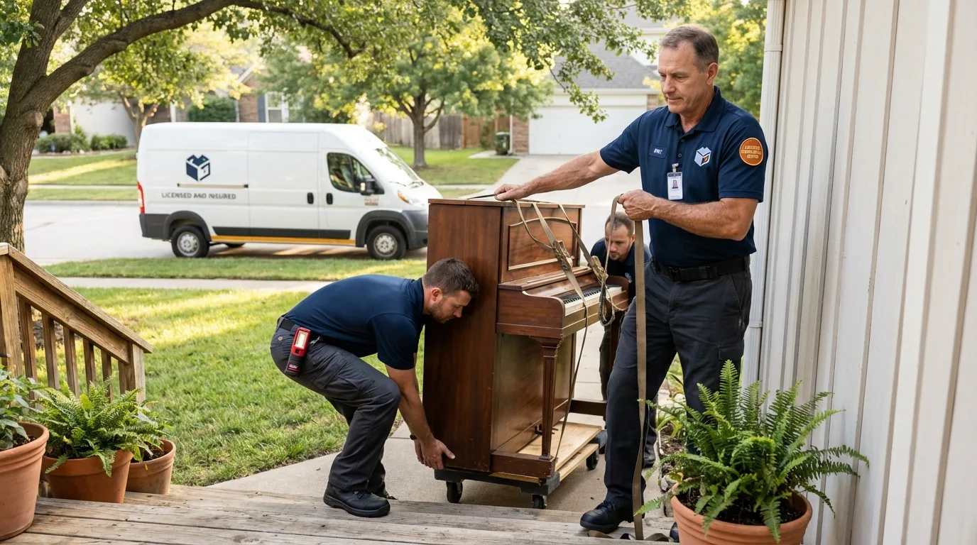 Licensed piano movers securing grand piano in Collinsville, CT