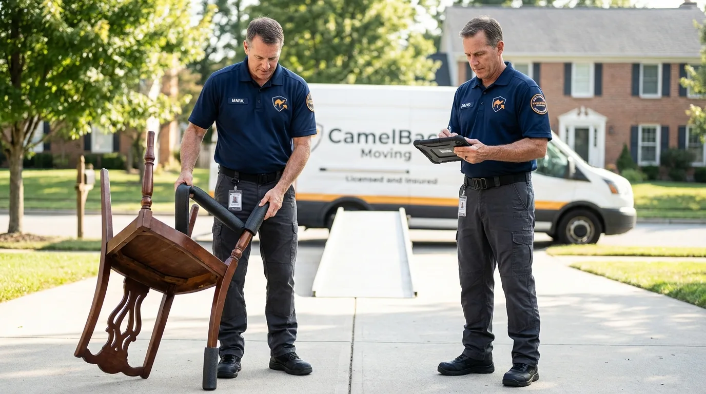 Movers inspecting furniture for damage prevention before loading in Collinsville, CT