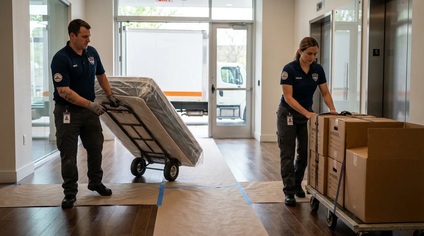 Professional apartment movers loading elevator in Collinsville, CT