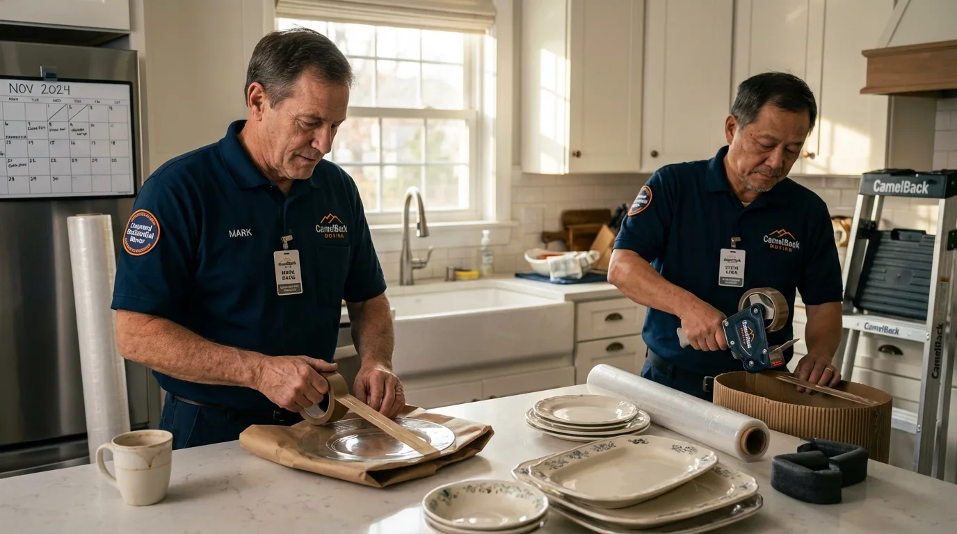 Professional crew packing kitchen dishware in Collinsville, CT